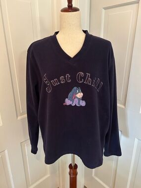 Vintage DISNEY Eeyore Just‎ Chill Embellished Fleece Pullover Navy Blue XL Y2K
